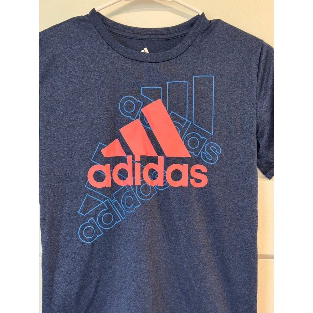 Adidas Boys Small 8 Navy Blue Heathered Graphic Logo Performance T-Shirt S8